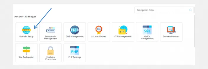 DirectAdmin Account Manager section with Domain Setup highlighted
