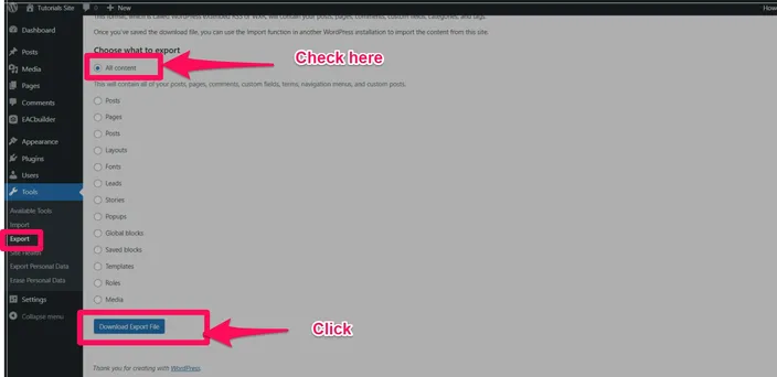 WordPress Export screen with All content selected and the Download Export File button