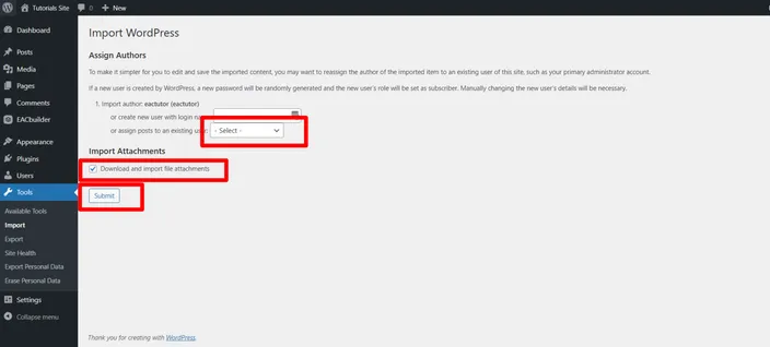 WordPress importer Assign Authors and Import Attachments options with the Submit button