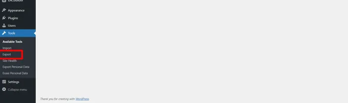 WordPress dashboard Tools menu with Export highlighted