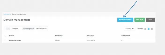 DirectAdmin Domain management page with the Rename Domain button highlighted
