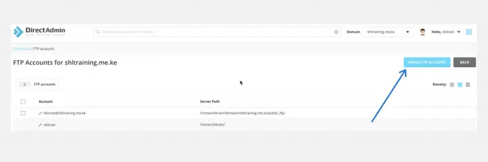 DirectAdmin FTP Accounts page with the Create FTP Account button highlighted