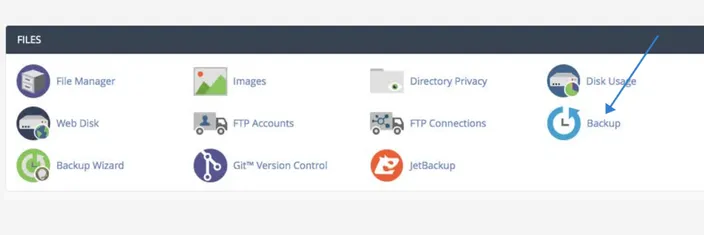 cPanel Files section with the Backup icon highlighted