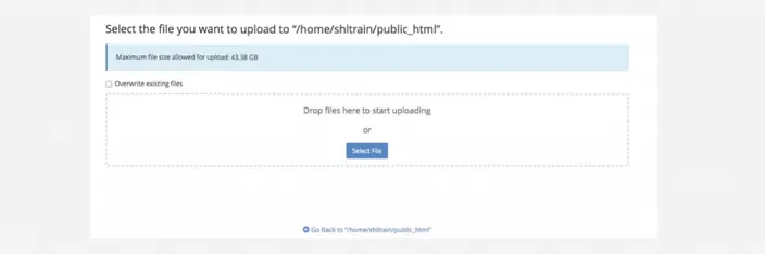 cPanel File Manager upload page with the drop zone and the Select File button