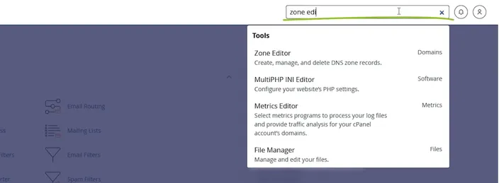 'zone editor ' typed in the search bar on cPanel dashboard