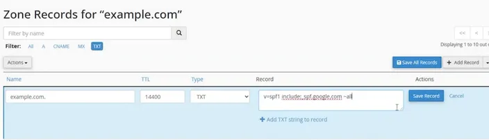 Zone editor section in cPanel