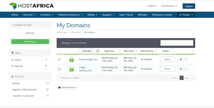 HostAfrica's 'My Domains' Page