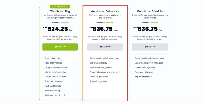 HostAfrica online store website builder pricing