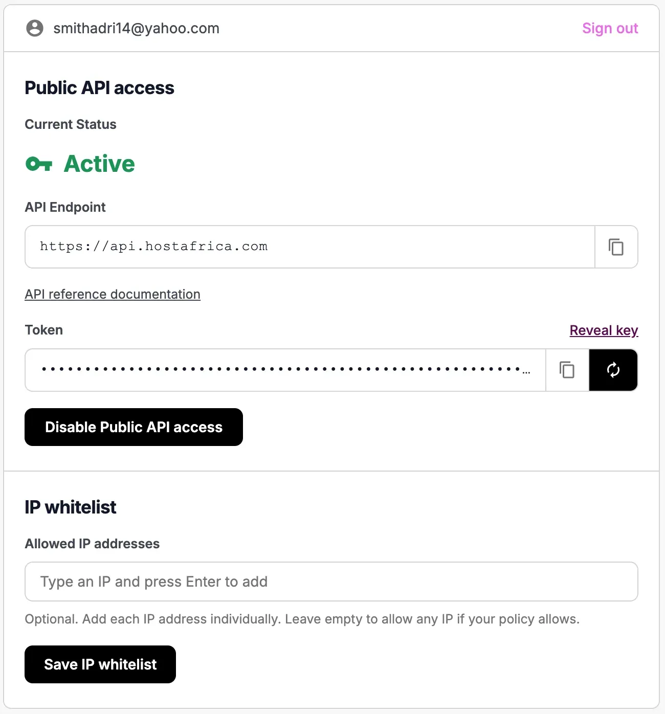 The API token management screen showing the generated token and the optional IP allowlist