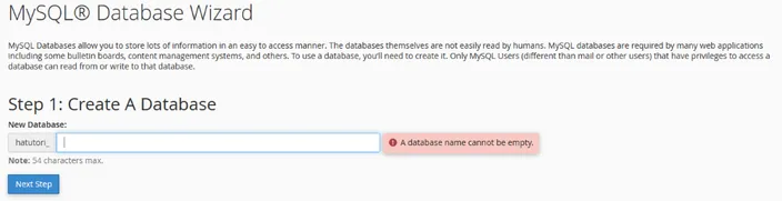 MySQL Database Wizard create database field