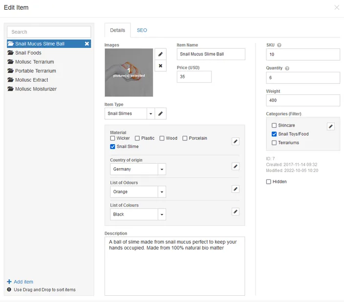 The window that allows you to edit product details in Website Builder Pro