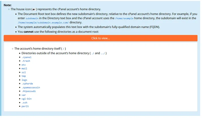 cPanel notes on subdomain directory