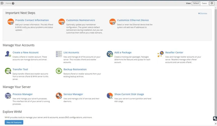cpanel features screen