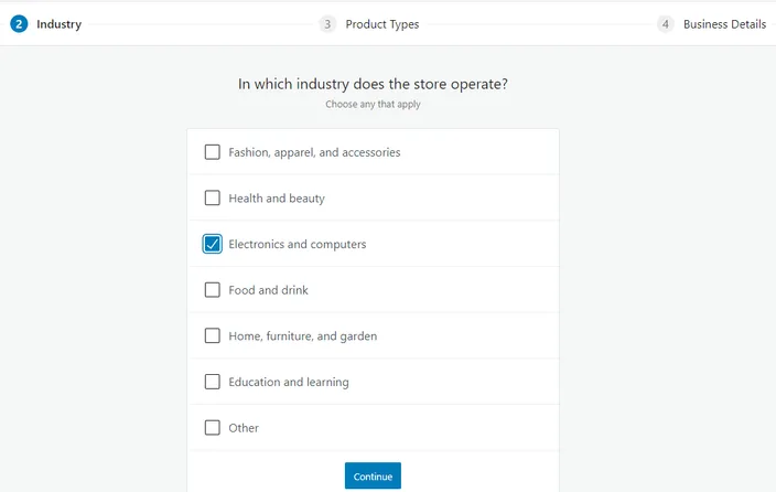 screenshot Form for store industry selection