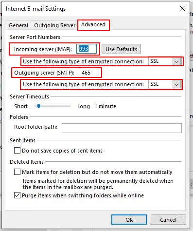 advanced tab outlook internet e-mail settings