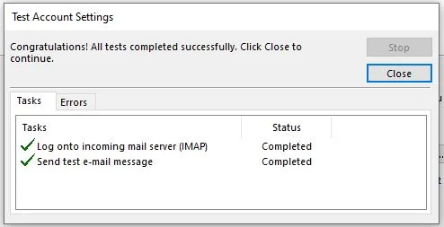 outlook account settings test