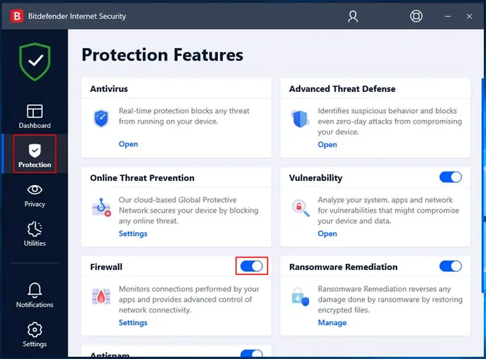 Bitdefender Protection tab