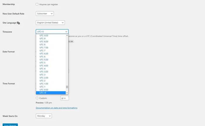 Select the appropriate time-zone from the dropdown and save the changes.