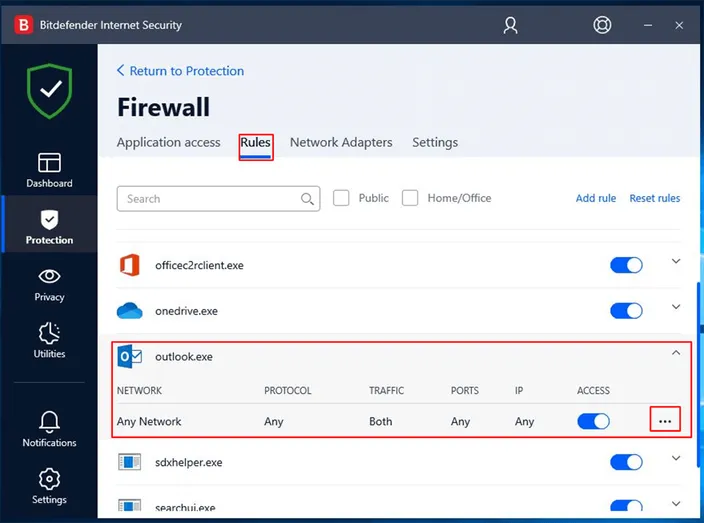 Bitdefender firewall rules Outlook