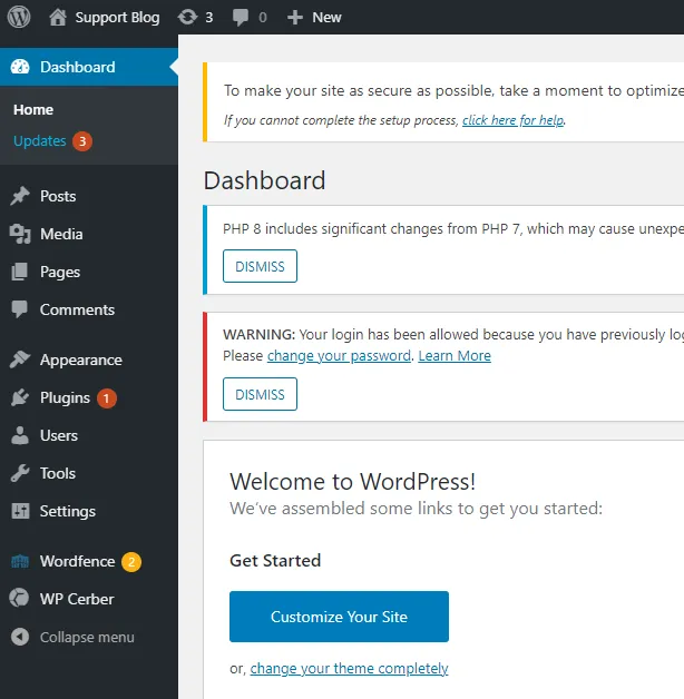 From the left sidebar, select “WP Cerber”.