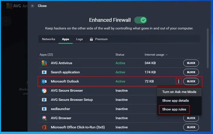 AVG Microsoft Outlook firewall rules