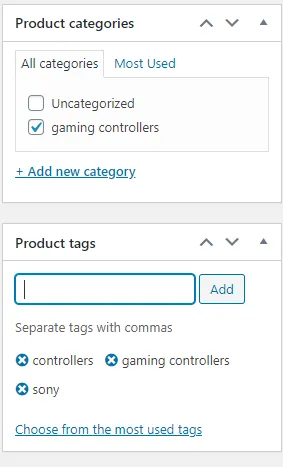 screenshot WooCommerce Product categories tags
