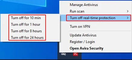 Avira turn pf real-time protection