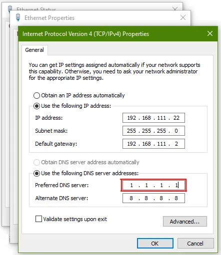 Windows IPv4 properties