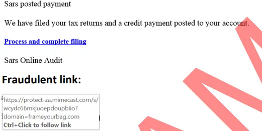 Scammer presenting a malicious link in a phishing email