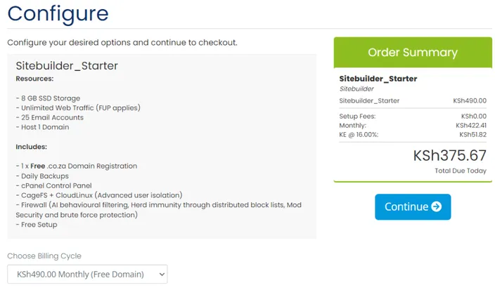 HostAfrica cart with site builder inside