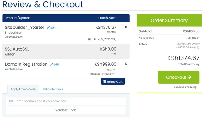 HostAfrica Review and checkout page for sire builder
