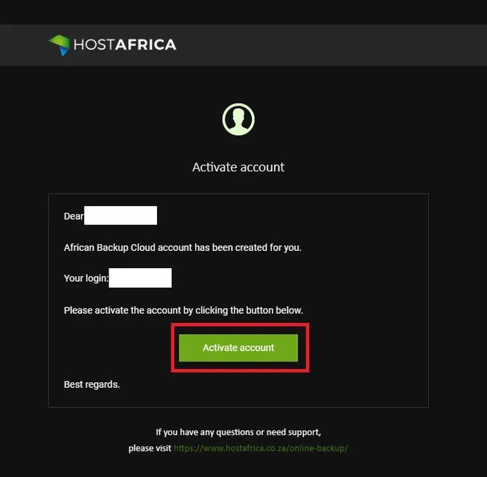 Account activation email screenshot