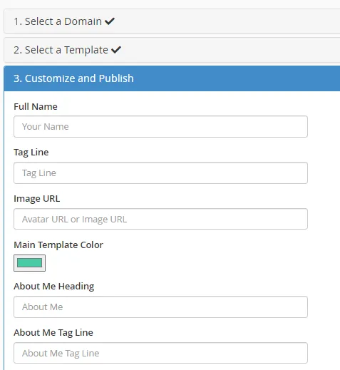 "Customise and Publish" step for a placeholder page in cPanel