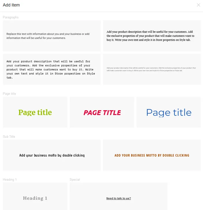 A list of fonts and text options for the website builder