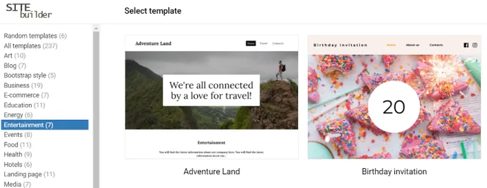 A list of site templates on the Site Builder window
