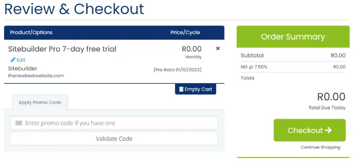 The checkout page after confirming the necessary products (in this case just the Site Builder, which is free)