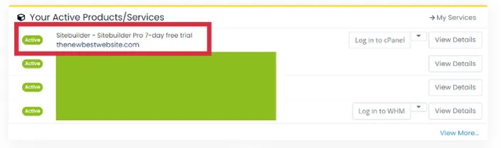The list of products available in a profile after logging in. Amongst others sits the Site Builder free trial.