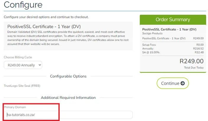 The configure screen when purchasing an SSL from HostAfrica.