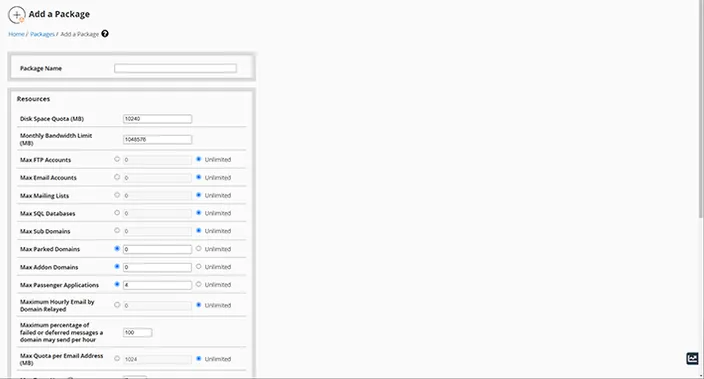 WHM Add a Package Dashboard