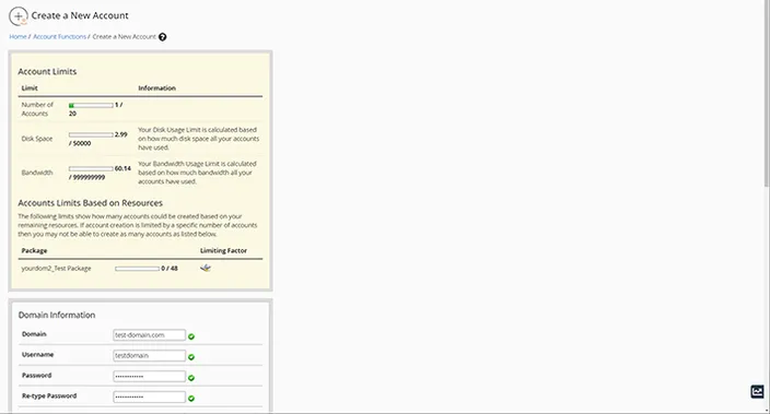 whm create new account dashboard