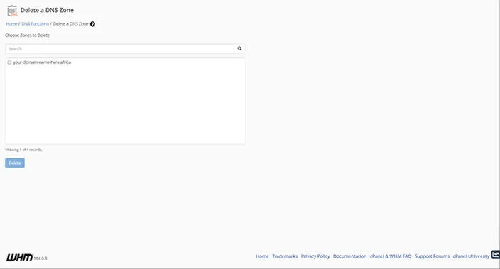 WHM Delete a DNS Zone Dashboard