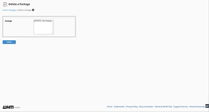 WHM Delete a Package Dashboard