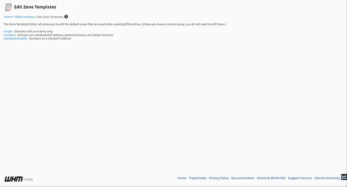 WHM Edit Zone Templates Dashboard