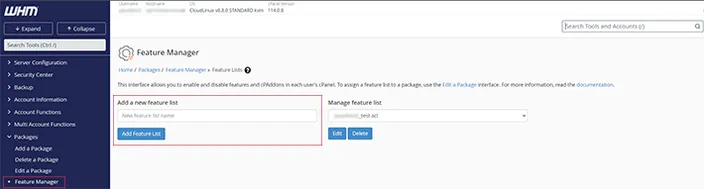 WHM Feature Manager Dashboard