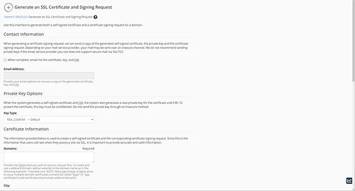 WHM Generate an SSL Certificate and Signing Request Dashboard