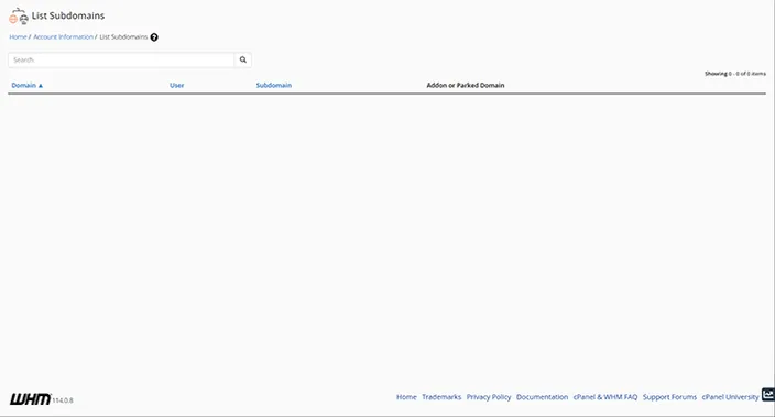 WHM List Subdomains Dashboard