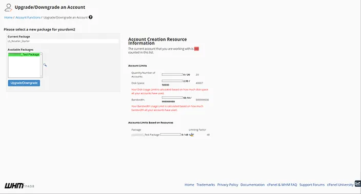WHM Upgrade/Downgrade an Account Dashboard