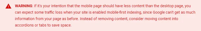Google offering a warning about website and mobile content aligning in terms of information and design