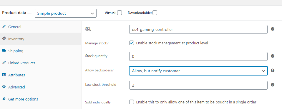 screenshot WooCommerce Product data Inventory form