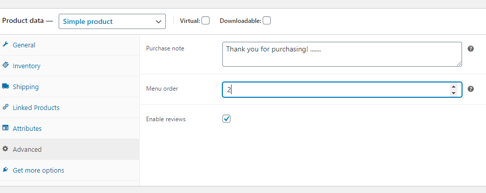 screenshot WooCommerce Product data Advanced form